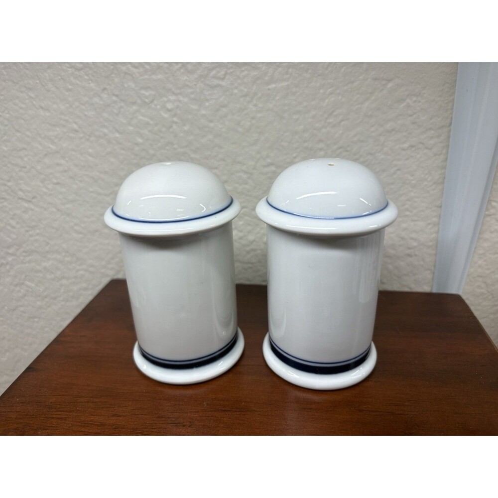 Diner Themed Porcelain Salt & Pepper Shaker Set White/Blue Dansk 4" Tall Excelle